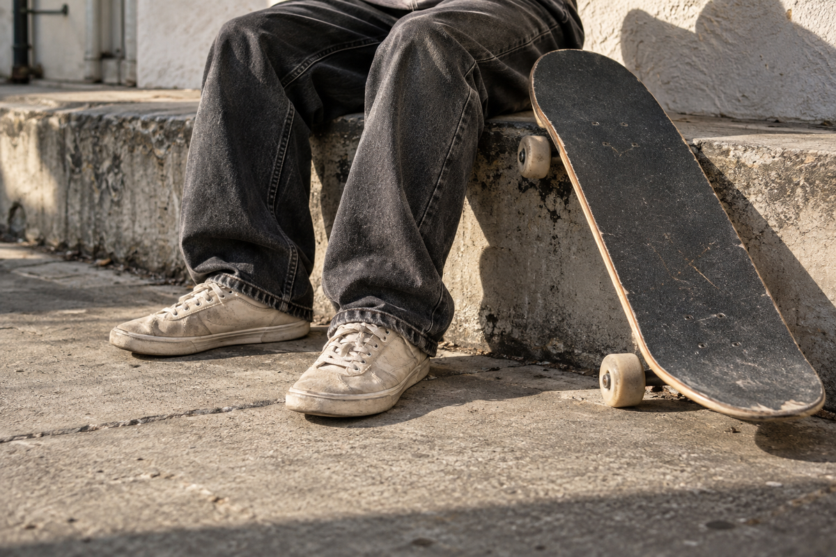 Editorial image of a skater in worn charcoal denim at a concrete curb