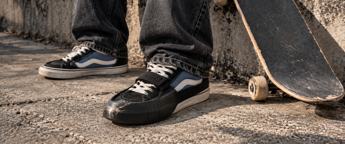 Editorial image of a skater in worn charcoal denim at a concrete curb